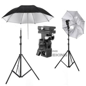 Photography Reflective Umbrella Black &Silver with Light Stand & Flash Bracket