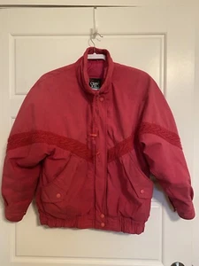 Vintage 80s S Hot Pink Puffer Ski Jacket Hot Spices Coat Cable Sweater Accent - Picture 1 of 15