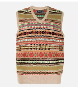 Polo Ralph Lauren Fair Isle Cashmere Knit Brown Varsity V Neck Sweater Vest New - Picture 1 of 4