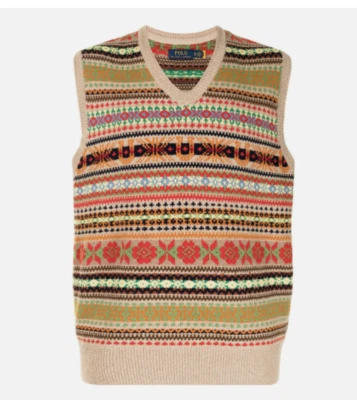 Polo Ralph Lauren Fair Isle Cashmere Knit Brown Varsity V Neck Sweater Vest New - Image 1 of 4