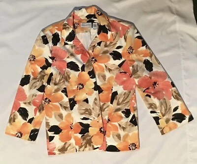 Alfred Dunner Blazer 夹克 尺寸 16 多色桃色 橙色 米色 黑色 花卉 复古 — 第 1/4 张图片