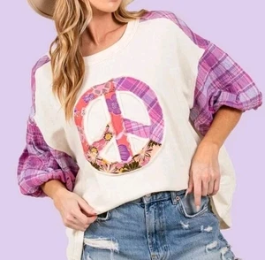 SAGE & FIG 2XL PLUS SIZE Peace Sign Puff Sleeve Shirt Top Purple Plaid Oversized - Picture 1 of 11