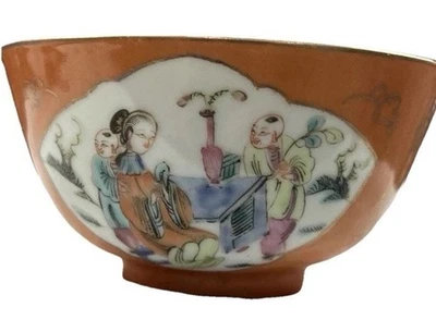 Китайская фамильная розовая фарфоровая чаша оранжевая молотая для детей и золотых рыбок Цяньлун - Изображение 1 из 4