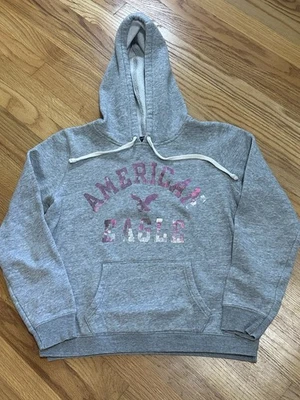 American Eagle Outfitters Script Pullover Hoodie Women’s Size Large Gray Pink - Image 1 of 4