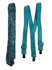 Vtg Sharp Looking Boy's Suspenders And Tie Turquoise And Black