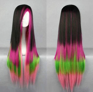 Multi-Color Red Green Pink Long Straight Women Lady Cosplay Hair Wig Wigs + Cap - Picture 1 of 3