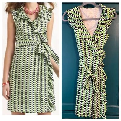 Vestido envolvente Kate Spade Aubrey seda estampado geométrico volantes talla 4 Foto 1 de 4