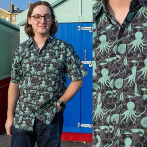 RUN AND FLY Shirt Green Seas Octopus Print S-3XL Alt Steampunk Goth Quirky - Picture 1 of 8