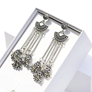 Pendientes étnicos Jhumka indios gitanos con borla tallada de 3,7" para mujer joyas - Imagen 1 de 12