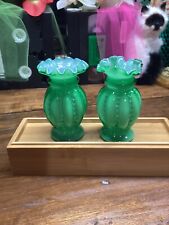 2 Fenton Green Ivy Beaded Melon Vase 4”