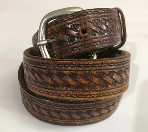 Brown Basketweave Leather Mens Fashion Belt XL 46" Length - Picture 1 of 9