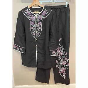 Bob Mackie Linen Embroidered Top & Pant Set Small Floral Lagenlook Resort - Picture 1 of 14