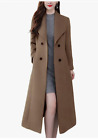 chouyatou Womens Pea Coat Double Breasted Maxi Long  Size L Coffee  Z25