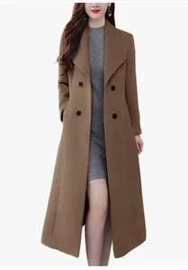 chouyatou Womens Pea Coat Double Breasted Maxi Long Size L Coffee Z25 - Picture 1 of 7
