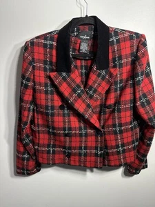 Positive Attitude Blazer Plaid Red~Black Velvet Trim Buttons Cropped Size 14 VTG - Picture 1 of 7