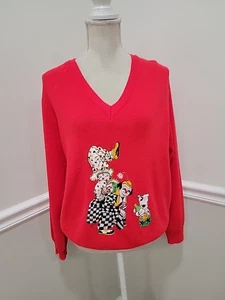 Vtg 60s Cyn Les Shirlee Designs Sweater Kitsch Embroidered Clowns Smile Red - Picture 1 of 10