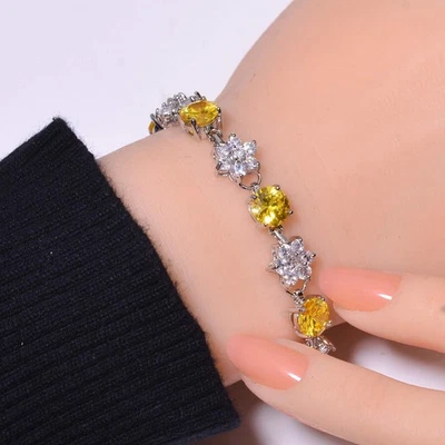 Yellow Sapphire & CZ Simulated 925 Sterling Silver Tennis Bracelet 7.99" B92 - Image 1 of 4