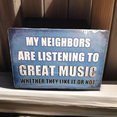 My Music My Neighbors 金属锡标志滑稽报价蓝色墙壁装饰 12x8 匾 — 第 1/4 张图片