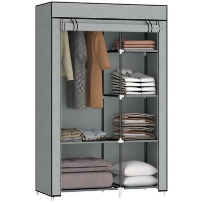 HOMCOM Fabric Wardrobe w/ Shelves Hanging Rail Foldable Closets Light Grey - Image 1 of 4
