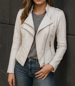 Chaqueta de cuero real para mujer Abrigo de color blanco - Chaqueta de cuero genuino para mujer - Imagen 1 de 5