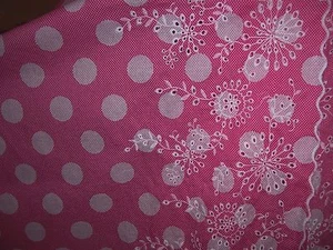 2.25yd STUNNING PINK & WHITE CHIC POLKA DOT PRINT W/ EYELET BORDER VOILE FABRIC - Picture 1 of 3