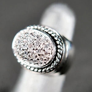 VTG Silver Tone Bulbous Clear Stone Raised Oval Cluster Rope Wrapped Ring Sz 5 - Picture 1 of 5