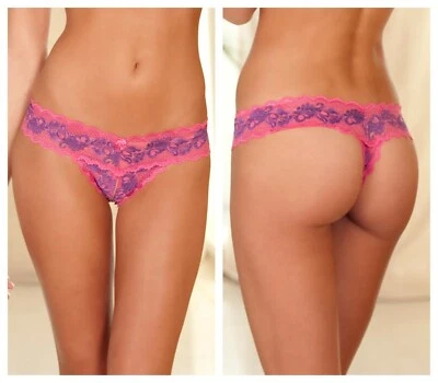 RENE ROFE CROTCHLESS PINK LACE V THONG PANTY Size SM-ML - Image 1 of 3