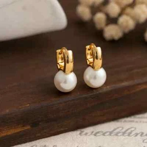 Classic Freshwater Pearl Drop 925 Silver Dainty Huggie Hoop Wedding Earrings - Picture 1 of 6