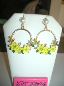 Yellow Enamel Flowers Gold Hoops Pearl Posts Betsey Johnson Pierced Earrings-NWT - Picture 1 of 4