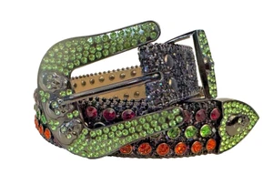 Cinturón Calavera Gun Metal Cuero Negro con Estrás Rojo Rubí, Verde Lima y Naranja - Imagen 1 de 15