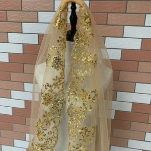 Gold Short Wedding Veils With Lace Sequins With Comb Bridal Wedding Accessories - Picture 1 of 9