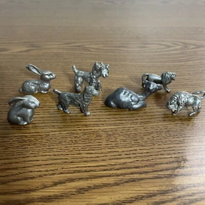 Vintage Lot Pewter Figurines  Bison Lion Dogs Camel Rabbits Some Signed Detailed - Picture 1 of 20