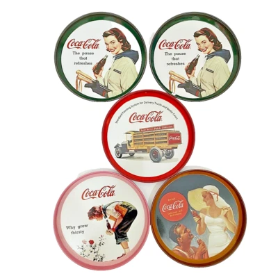 Coca Cola Coasters Elderly Lady Delivery Truck 5 Tins Vintage Drinks Collectible - Image 1 of 4