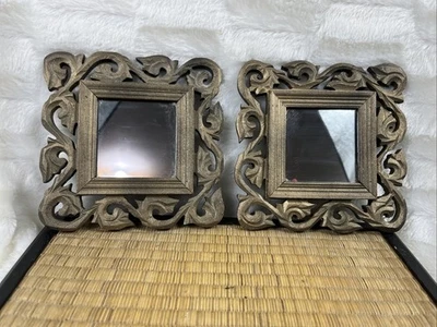 Two Ornate Gold/Bronze Tone Resin Accent Wall Mirrors. MCM 6”x6” - Image 1 of 4