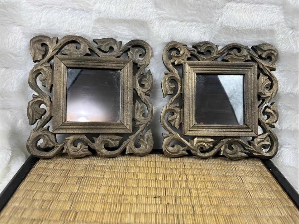 Two Ornate Gold/Bronze Tone Resin Accent Wall Mirrors. MCM 6”x6” - Image 1 of 4