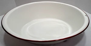 ENAMELWARE White RED Rim - OVAL Wash BASIN - VINTAGE - Farmhouse 18x13x4.5 - Picture 1 of 17