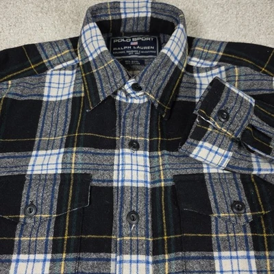 Camisa Polo Deportiva Ralph Lauren Para Hombres Pequeña Negra Azul Franela a Cuadros Exterior Lana Foto 1 de 4