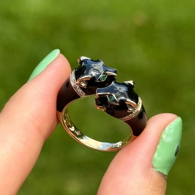 Anillo de gato pantera ojo esmeralda vintage Effy 14KT amarillo pavé diamante esmalte negro + Foto 1 de 4