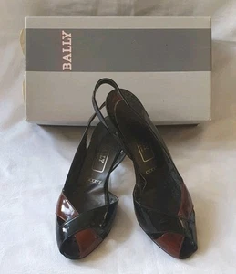 ❀ڿڰۣ❀ BALLY Vintage 1980s BLACK & TORTOISE Patent Leather JANINE SLINGBACKS~5.5 - Picture 1 of 21