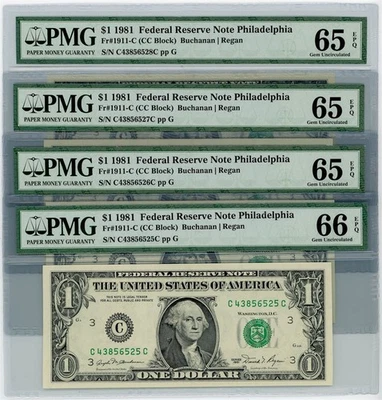 Fr. 1911-C $1 1981 FRN Philadelphia 4 Consec. 65EPQ-66EPQ PMG DC-1864 - Image 1 of 3