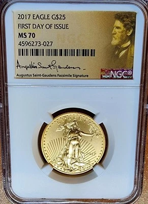 2017 $25 GOLD AMERICAN EAGLE ST GAUDENS SIGNED COIN 1/2oz NGC MINT STATE 70 FDOI - Image 1 of 2