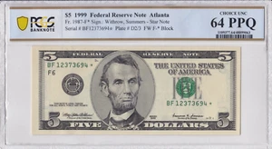 1999 $5 Atlanta Federal Reserve Star Note FRN • 1987-F* • PCGS 64 PPQ - Picture 1 of 2
