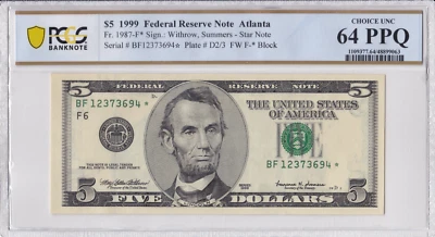1999 $5 Atlanta Federal Reserve Star Note FRN • 1987-F* • PCGS 64 PPQ - Image 1 of 2