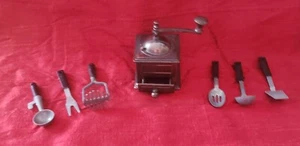 7 Pcs Vintage Miniature Cast Metal Antique Coffee Durham Grinder 6 Utensils  - Picture 1 of 2
