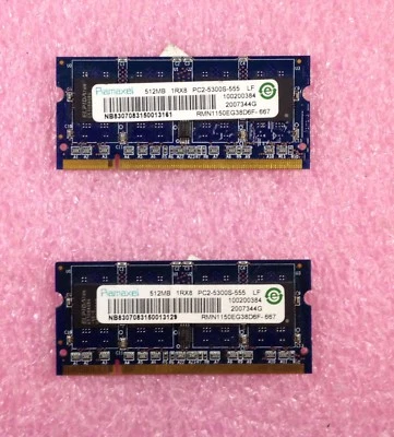 2 X 512MB RAMAXEL DDR2-667 PC2-5300S MEMORY SODIMM RMN1150EG38D6F-667 1GB TOTAL - Image 1 of 2