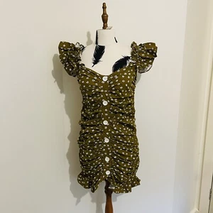 Zara Khaki Green & White Floral Off The Shoulder Scrunched Mini Dress size S - Picture 1 of 13