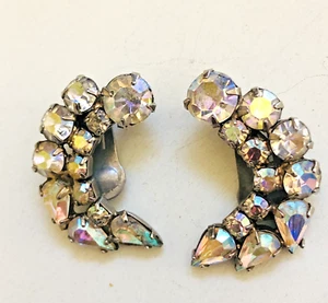 Rhinestone Clip On Earrings Estate Jewelry, Bridal Jewelry Crescent Prong Set - Picture 1 of 5