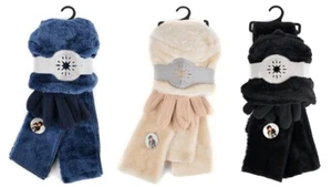 Womens Winter Hat Scarf Gloves Soft Plush Faux Fur Plain Matching Outerwear 3-Pc - Picture 1 of 13