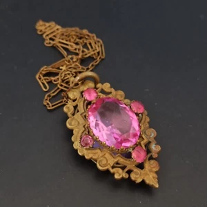 Antique Victorian Locket Necklace Mourning Ornate Brass Pink Large Rhinestone - Picture 1 of 15