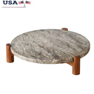 Marble Trivet W/ Acacia Wood Stand Elegant Serving Platter Entertaining New - Picture 1 of 3